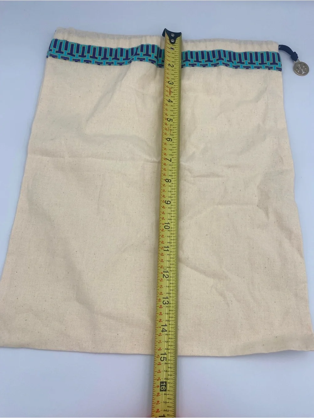 Tory Burch Natural Canvas Drawstring Bag with Blue Trim